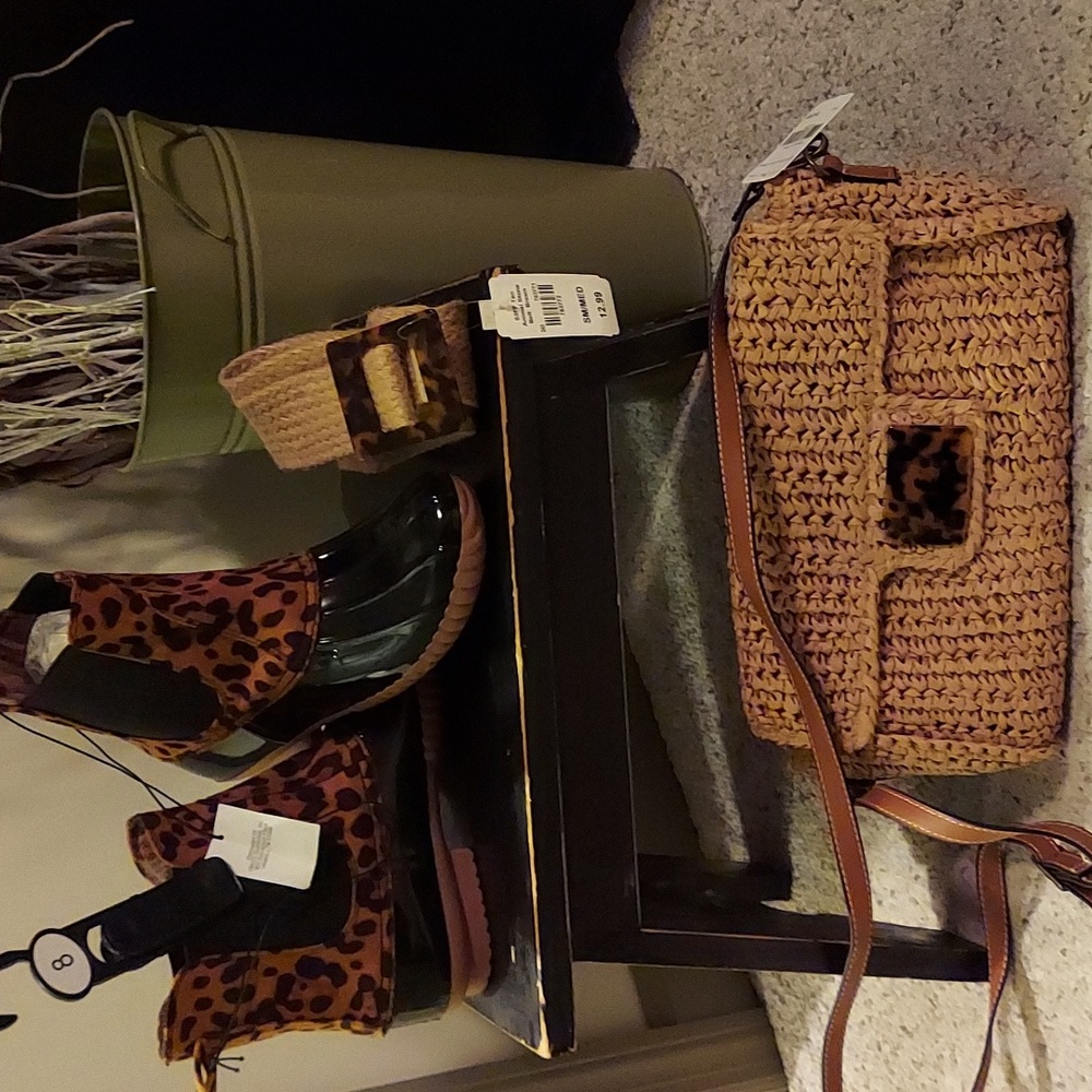 3 piece bundle, womens leopard print boots, clutch bag, and belt